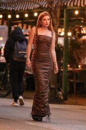 Bella Thorne in a Long Brown Satin Dress in New York 11/16/2022