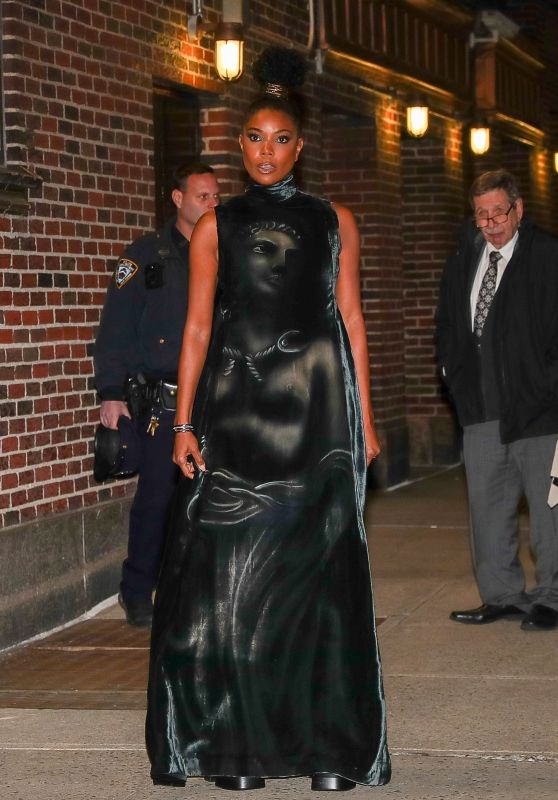 Gabrielle Union in a Unique Satin Dress - Leaving The Stephen Colbert Show in New York 11/28/2022