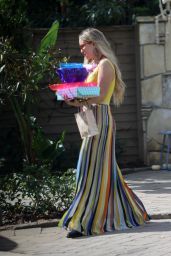 Kate Hudson in a Colorful Long Striped Skirt and a Yellow Top   Brentwood 10 31 2022   - 37