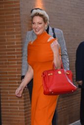 Katherine Heigl Wearing a Colorful Orange Dress With Cream Leather Cowgirl Boots - NYC 11/28/2022