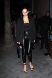 Shanina Shaik Wears Leather Trousers and Matching Black Jacket in Hollywood 11/26/2022
