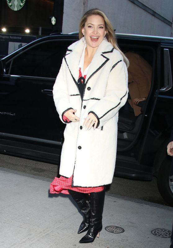 Kate Hudson in Sherpa Coat Over Retro Dress - NBC