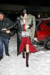 Kendall Jenner in a Red Dress and a Black Leather Coat - Aspen 12/29/2022