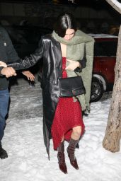 Kendall Jenner in a Red Dress and a Black Leather Coat - Aspen 12/29 ...