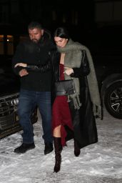 Kendall Jenner in a Red Dress and a Black Leather Coat - Aspen 12/29/2022