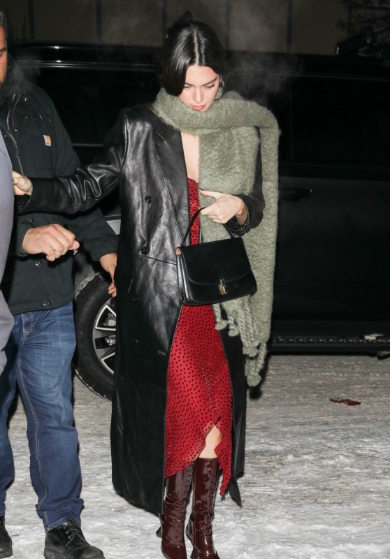 Kendall Jenner in a Red Dress and a Black Leather Coat - Aspen 12/29 ...