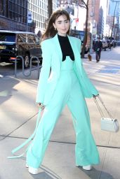 Lily Collins Wears a Mint Green Pantsuit - Drew Barrymore Show in New York 12/14/2022