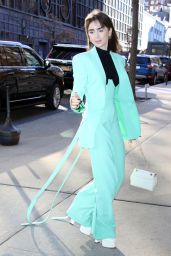 Lily Collins Wears a Mint Green Pantsuit   Drew Barrymore Show in New York 12 14 2022   - 34
