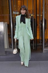 Lily Collins Wears a Mint Green Pantsuit - Drew Barrymore Show in New York 12/14/2022