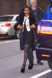 Mindy Kaling Wears a Leather Fur Coat and Tie-mini Skirt Dress at GMA in New York 12/01/2022