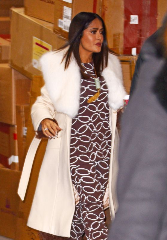 Salma Hayek Wearing a Beige Fur Coat at The Kelly and Ryan Talk Show in NYC 12/14/2022