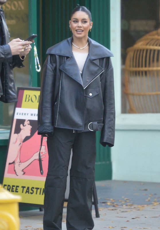 Vanessa Hudgens Wears a Black Leather Jacket - Los Angeles 12/01/2022