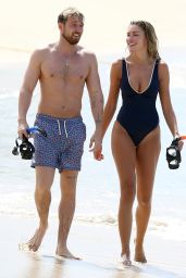 Zara McDermott in a Navy Blue Swimsuit in Barbados 12/18/2022