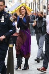Allison Williams in a Dark Colorful Dress in NYC 01/05/2023