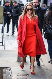 Amanda Holden in a Slim-fit Red Pencil Dress and Coordinating Long-line Coat in London 01/09/2023