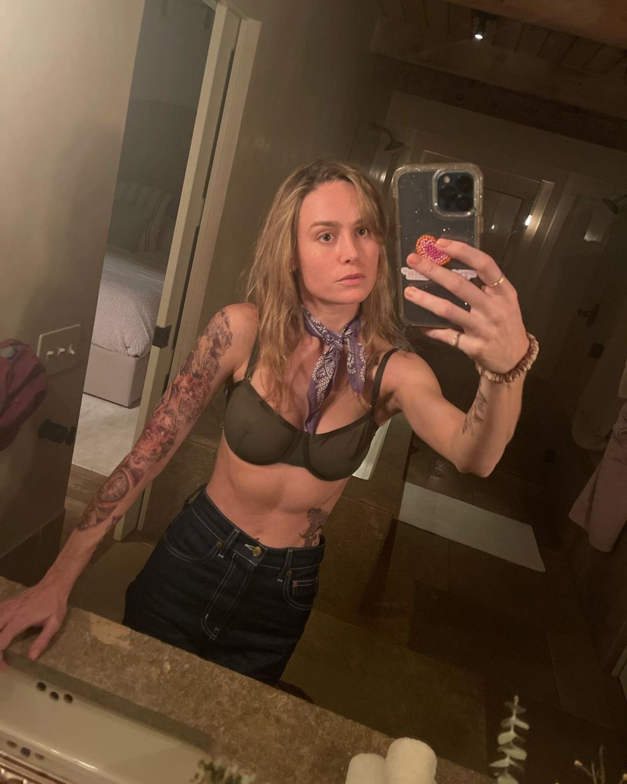 Sexy Brie Larson bra and tattoos mirror selfie
