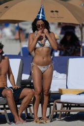 Camila Mendes in Floral Print White Bikini on the Beach in Miami 01/01/2023
