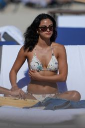 Camila Mendes in Floral Print White Bikini on the Beach in Miami 01/01/2023