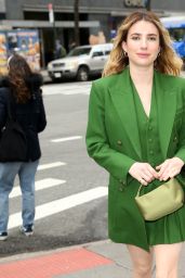 Emma Roberts Wearing a Green Mini Skirt and Matching Jacket - Arrives at ABC Studios in NYC 010/18/2023
