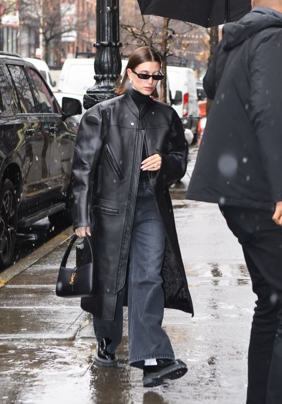 Hailey Rhode Bieber in Maxi Leather Jacket - Manhattan 01/25/2023
