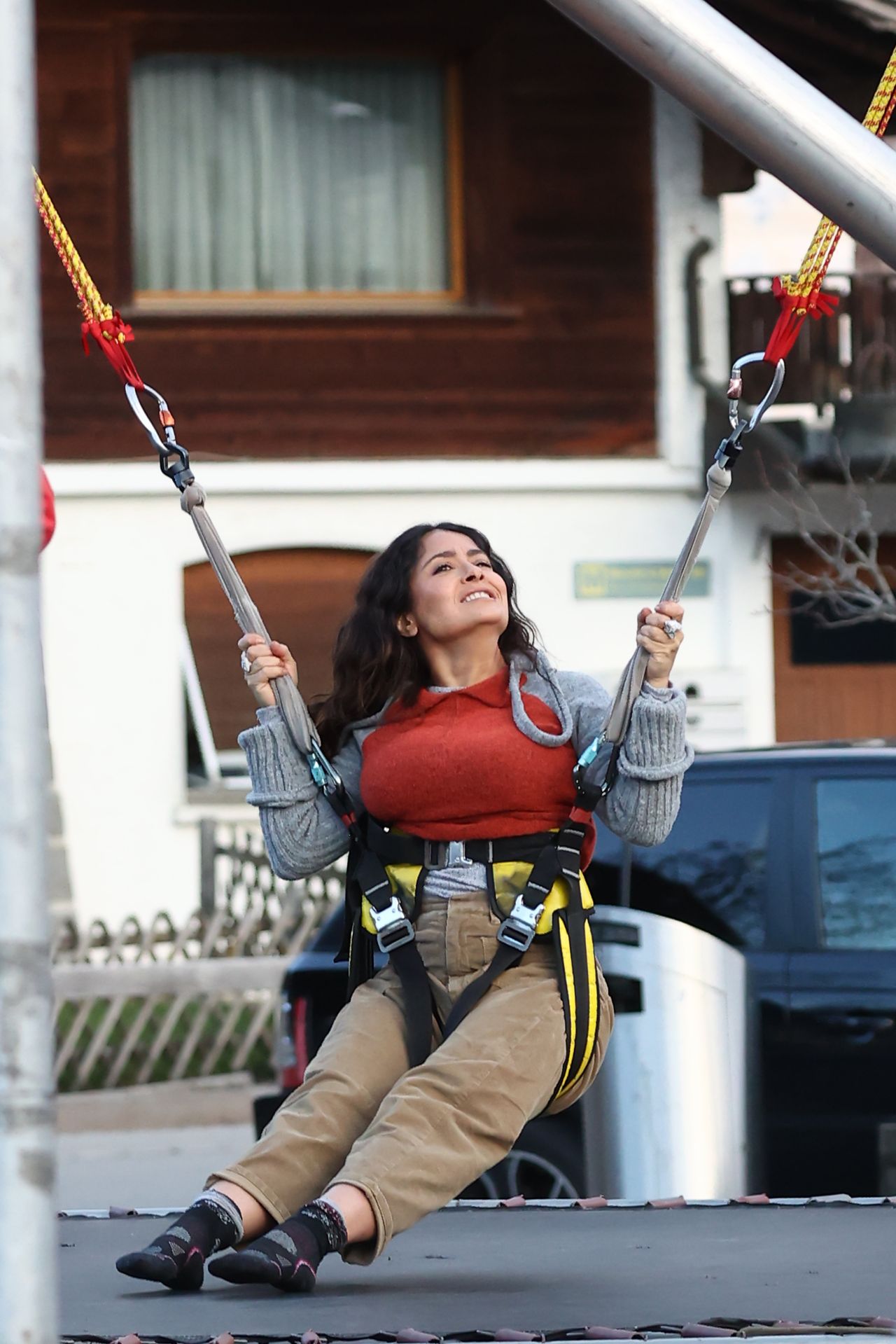 Salma Hayek on a Bungee Trampoline in Gstaad 01/01/2023 • CelebMafia