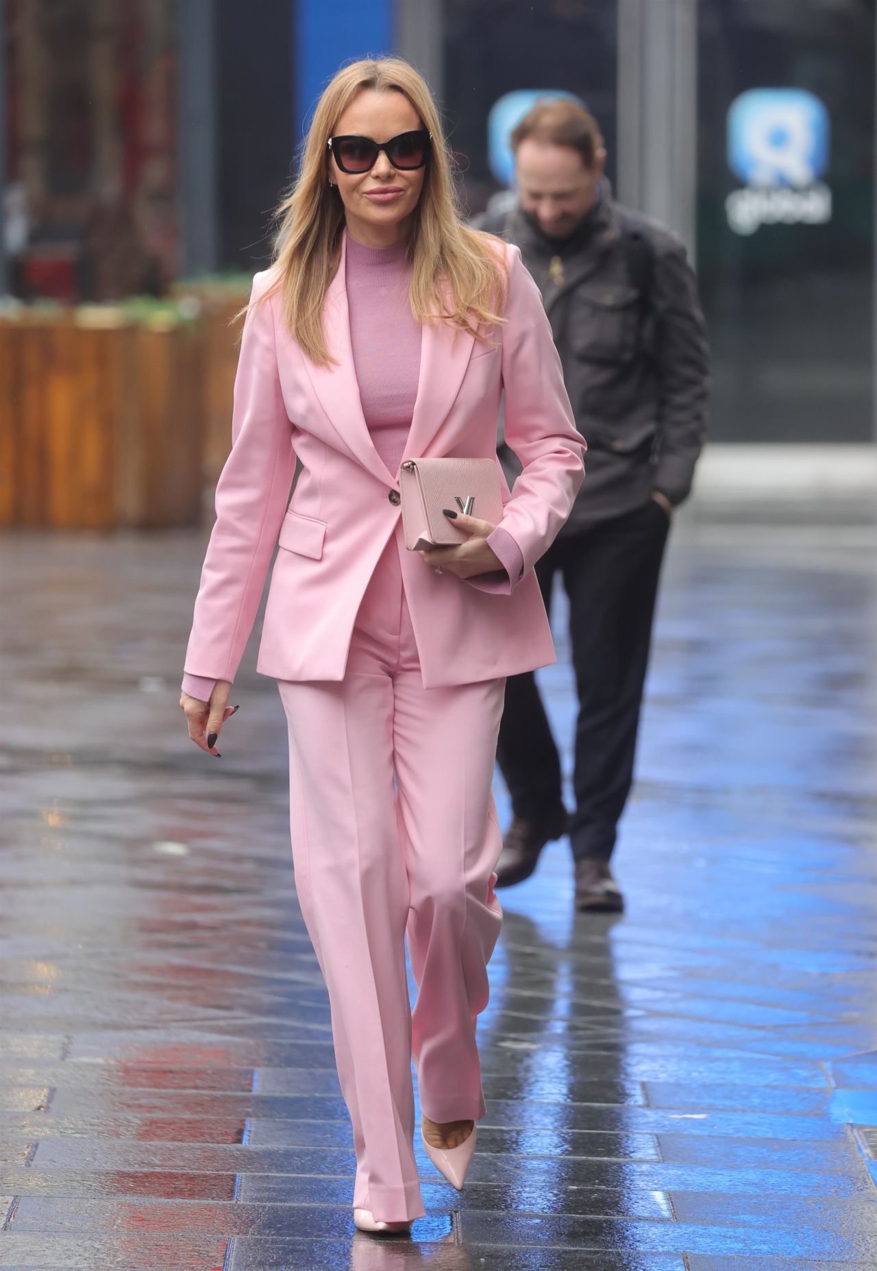 Amanda Holden in a Pink Trouser Suit and Matching Shoes and Bag in ...