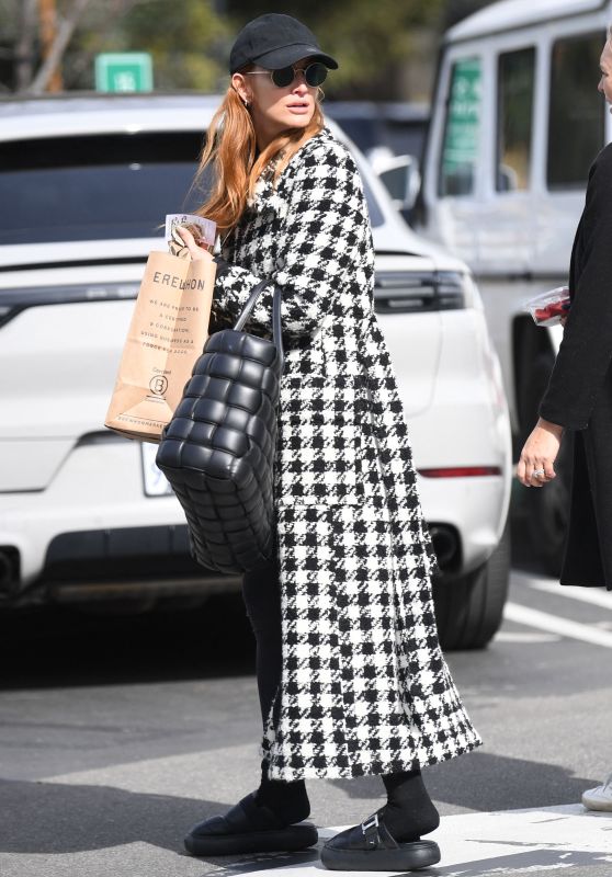 Ashlee Simpson Wearing a Long Black and White Checkered Pea Coat - Los Angeles 02/19/2023