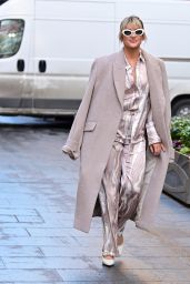 Ashley Roberts in a Beige and White Patterned Shirt and Matching Wide Legged Trousers - London 02/01/2023