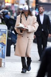 Bella Hadid Wearing Trench Coat and Salomon Sneakers - Manhattan 02/08/2023