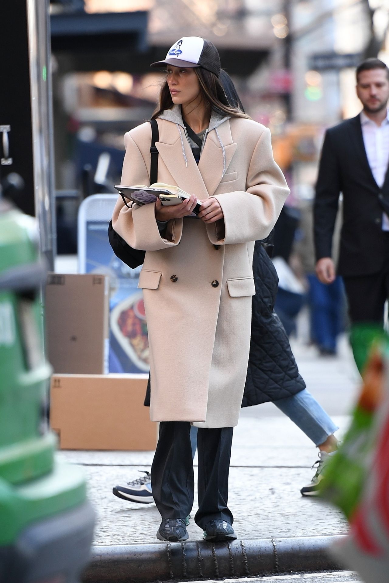 Bella Hadid Wearing Trench Coat and Salomon Sneakers - Manhattan 02/08 ...