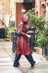 Emily Ratajkowski in a Hooded Burgundy Leather Coat - NYC 02/17/2023