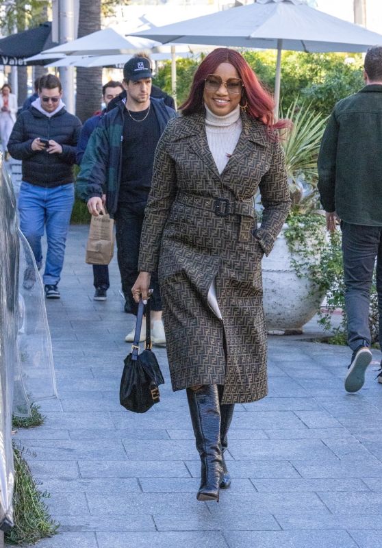 Garcelle Beauvais Wearing a Fendi Coat at Avra Restaurant in Beverly Hills 02/15/2023