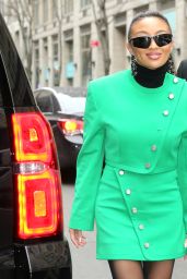 Jeannie Mai Wears a Green Double-breasted Jacket and Skirt - New York 02/09/2023