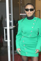 Jeannie Mai Wears a Green Double-breasted Jacket and Skirt - New York 02/09/2023