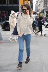 Katie Holmes in a Beige Sweater and Blue Jeans - NYC 02/07/2023