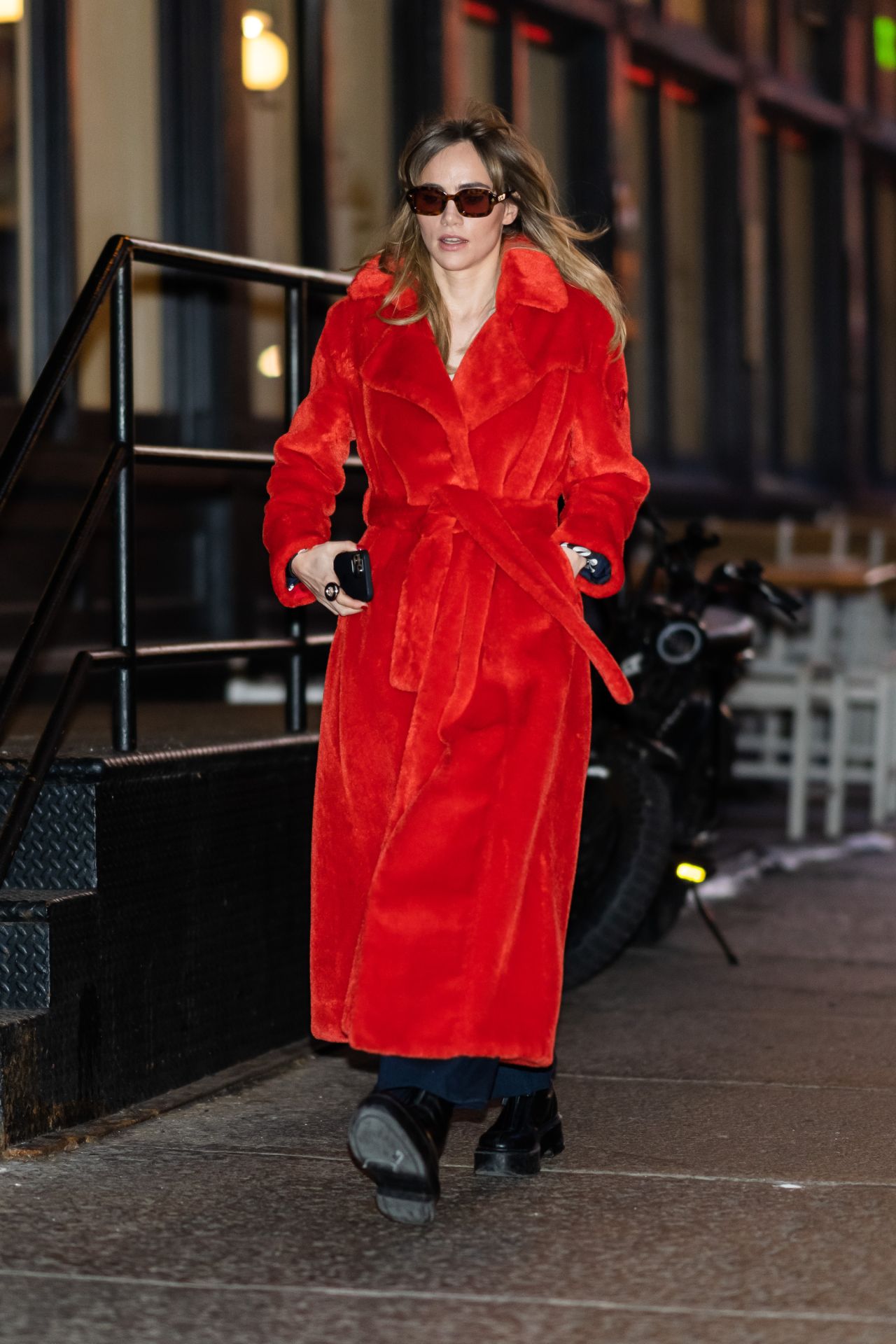 Suki Waterhouse in Bright Red Teddy Trench Coat - New York 01/30/2023 ...