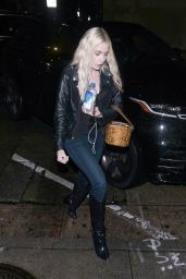 Ashley Benson Wearing Blue Jeans and a Black Leather Jacket at Craig