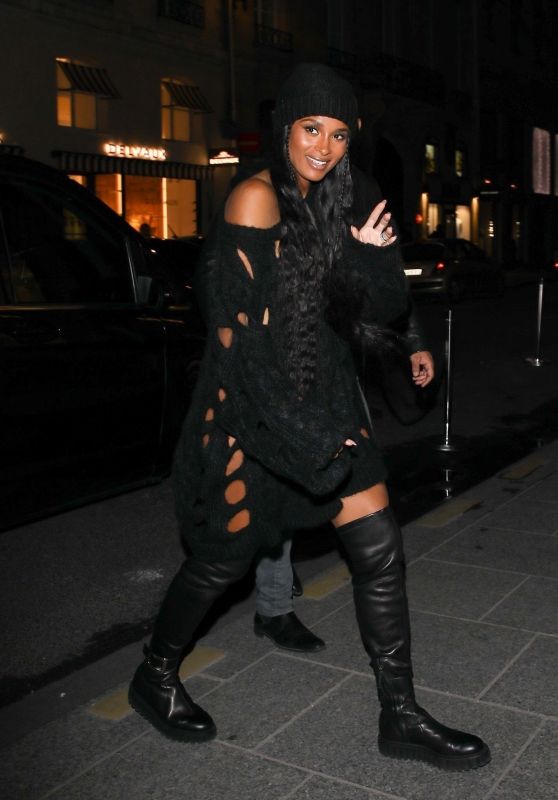 Ciara in a Distressed Black Top and Black Leather Boots - Paris 03/02/2023