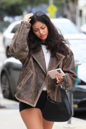 Cindy Kimberly Wears a Brown Leather Jacket and Black Boots - Shopping on Sunset Blvd. in LA 03/21/2023