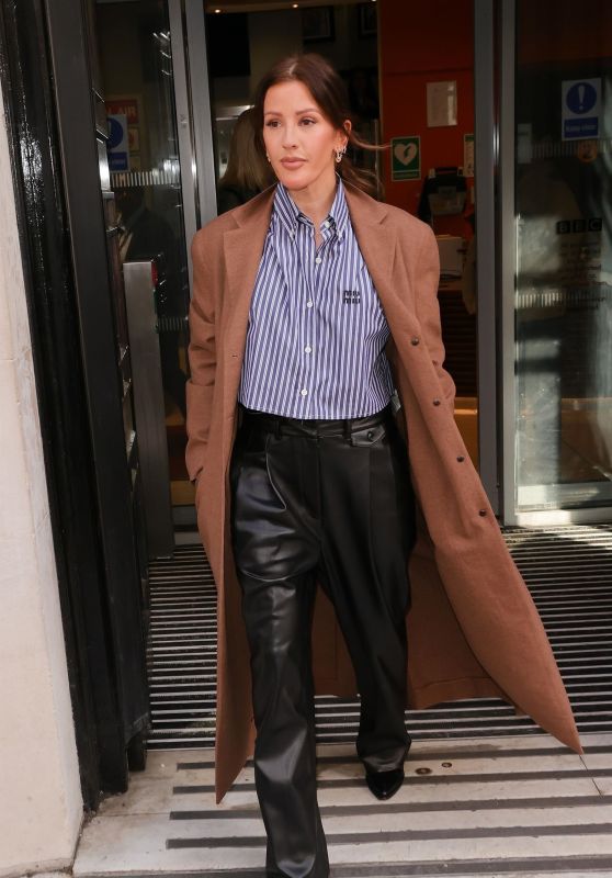 Ellie Goulding Wearing a Striped Shirt and Leather Trousers at the Zoe Ball Breakfast Show in London 03/24/2023