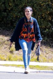 Freida Pinto in a Long Blue Cardigan and Ripped Blue Jeans - Los Feliz 03/18/2023