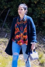 Freida Pinto in a Long Blue Cardigan and Ripped Blue Jeans - Los Feliz 03/18/2023