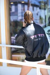 Hailey Rhode Bieber in Fear Of God Leather Jacket at Zinque Café in West Hollywood 03/28/2023