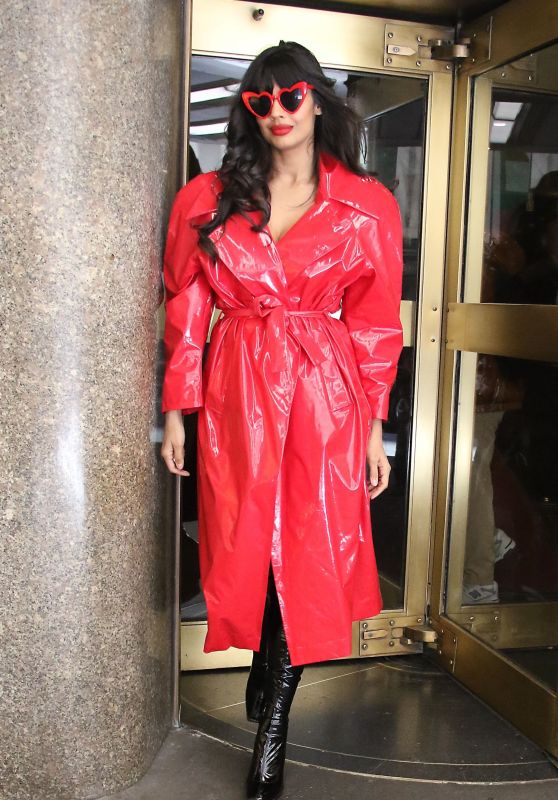 Jameela Jamil in a Red Coat and Black Boots - New York 03/21/2023