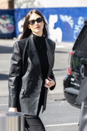 Karlie Kloss Wearing a Black Leather Jacket and Carrying a Prada Tote ...