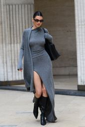 Kendall Jenner in a Grey Form-fitting Dress and a Long Cardigan - Paris 03/24/2023