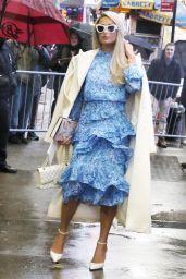 Paris Hilton Wears a Baby Blue Floral Dress in New York 03/14/2023