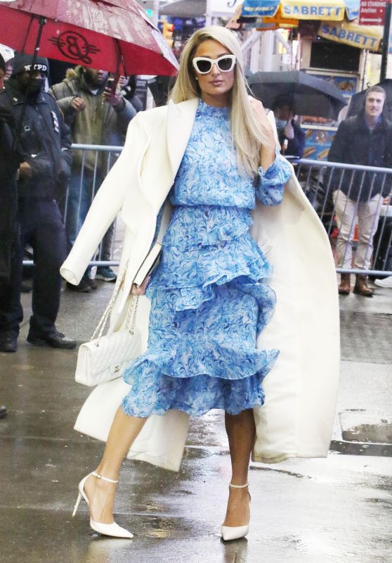 Paris Hilton Wears a Baby Blue Floral Dress in New York 03/14/2023