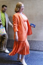 Sarah Snook in Bright Orange Pleated Dress - Exiting NBC