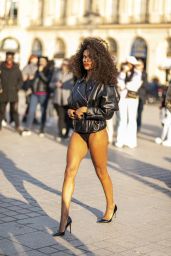 Tina Kunakey in a Bodysuit and Biker Jacket - Photo Shoot in Place Vendôme in Paris 03/02/2023